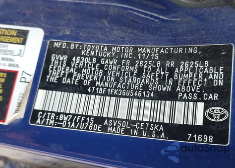 2016 Toyota Camry Le from USA, damaged, VIN 4T1BF1FK3GU546134